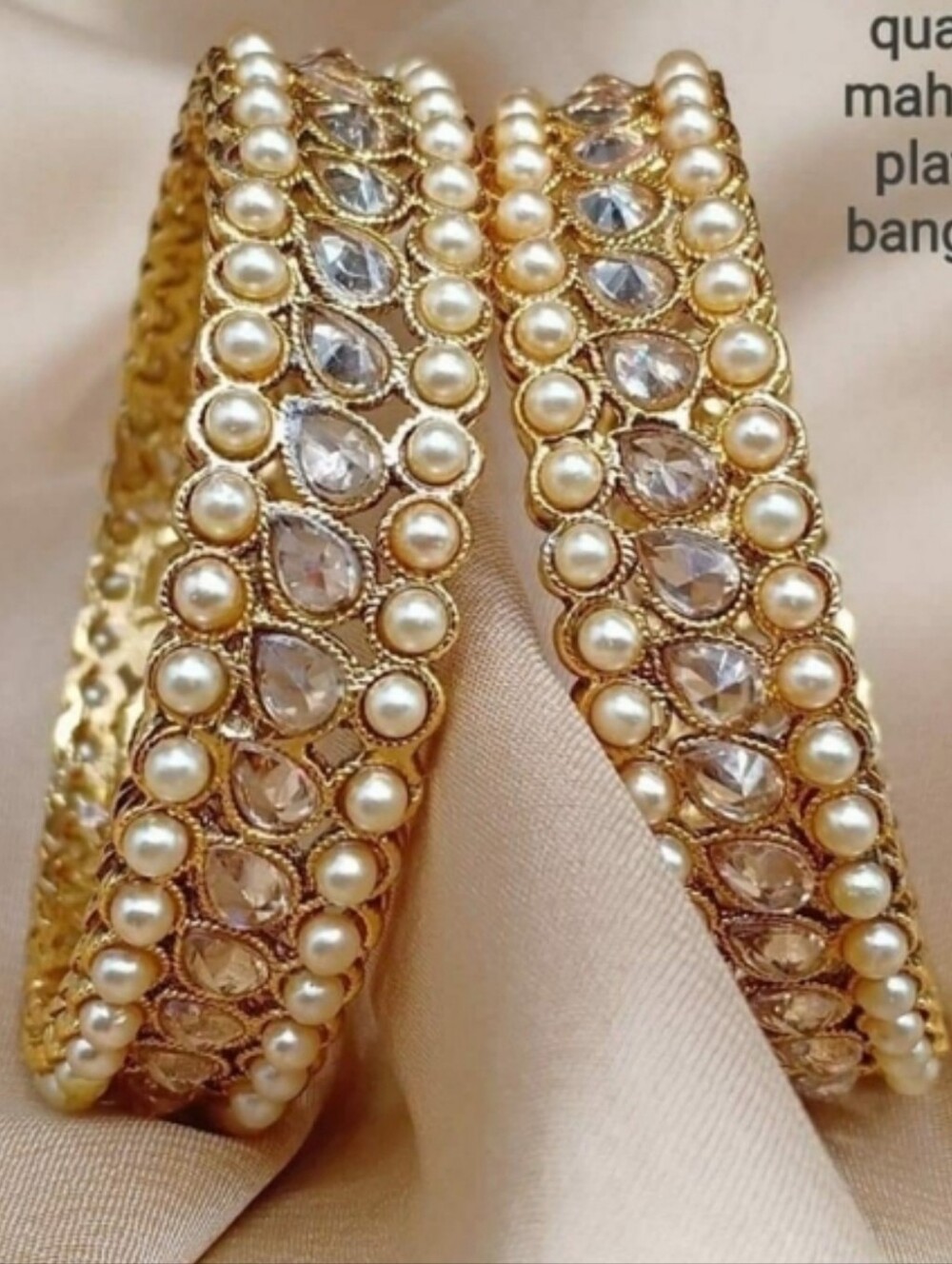Gold Pearl & Crystal Teardrop Bangle Bracelet - Women Jewelry